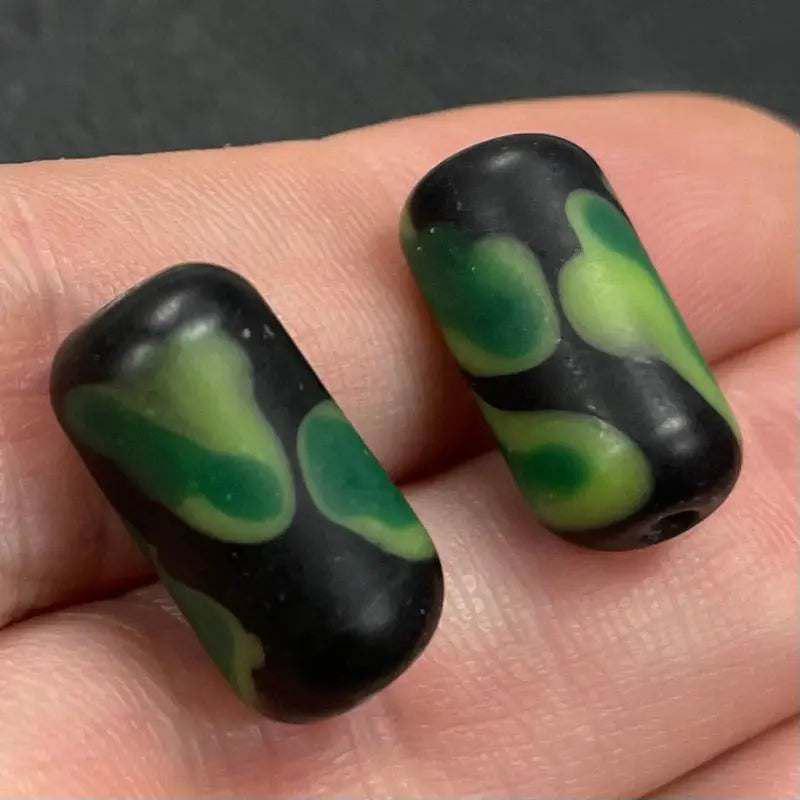 2 Vintage Black Green Italian Matte Tube Glass Beads - Sea Beads