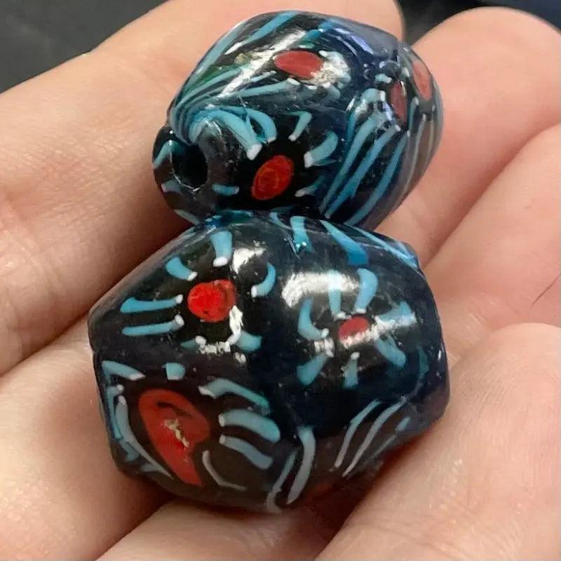 2 Vintage Blue Striped Blue Oval Abstract Glass Beads - Sea Beads