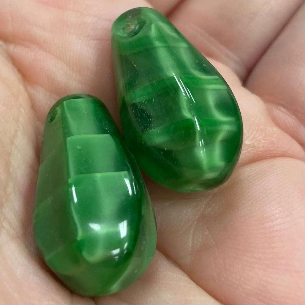 2 Vintage Green Czech Satin Briolette Glass Beads - Sea Beads