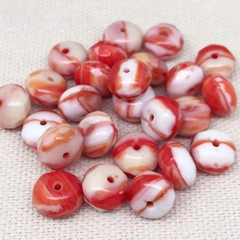 25 Red White Czech Rondelle Glass Beads - Sea Beads