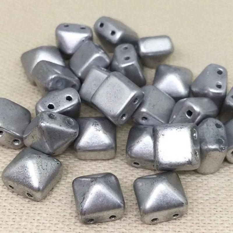 25 Silver Stud Czech Two Hole Glass Beads - Sea Beads