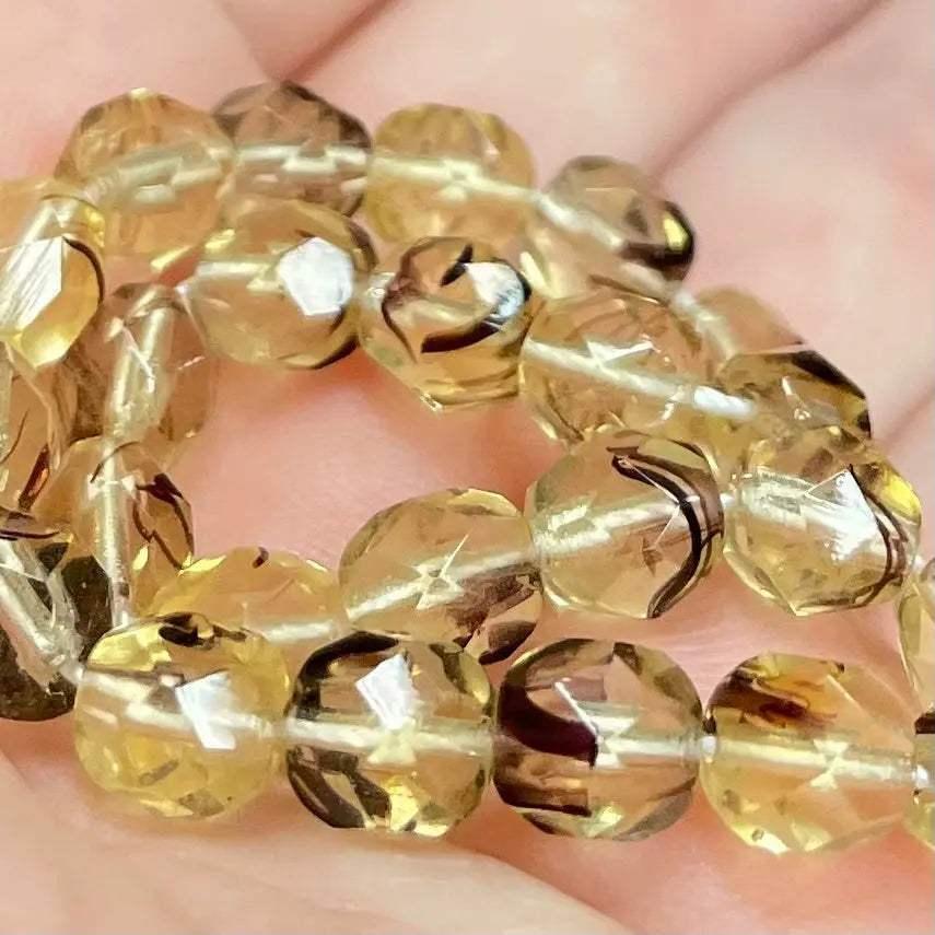 25 Striped Light Yellow Czech Fire Polished Glass Beads - Sea Beads
