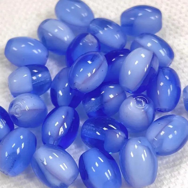 25 Vintage Blue Sapphire White Givre Oval Glass Beads - Sea Beads