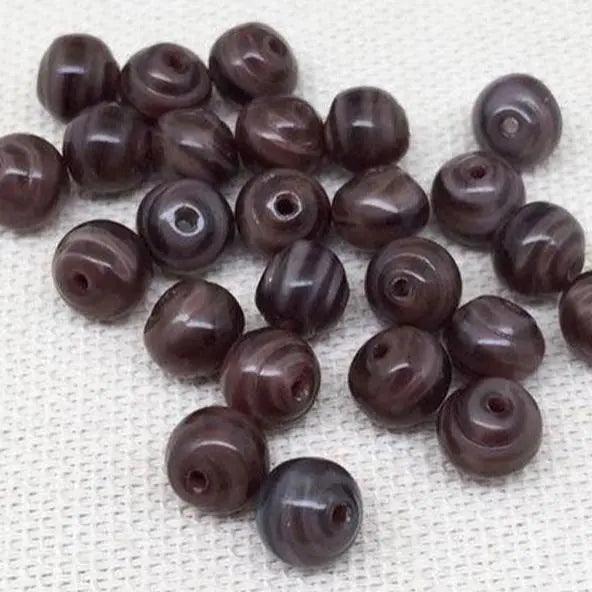 25 Vintage Brown Japan Round Striped Glass Beads - Sea Beads