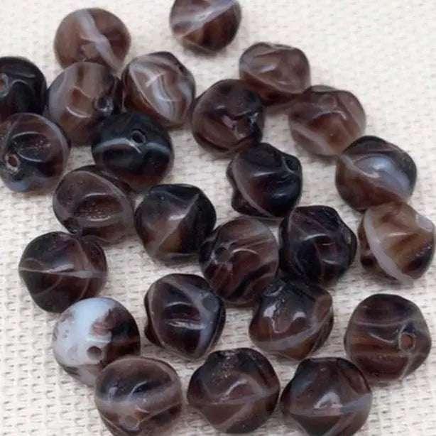 25 Vintage Brown Striped Czech Baroque Glass Beads - Sea Beads