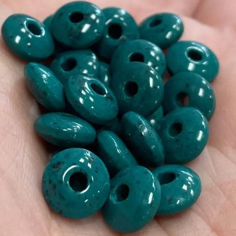 25 Vintage Green Dark Teal Czech Rondelle Glass Beads - Sea Beads