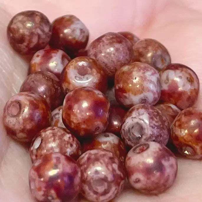25 Vintage Pink Red Picasso Round Glass Beads - Sea Beads