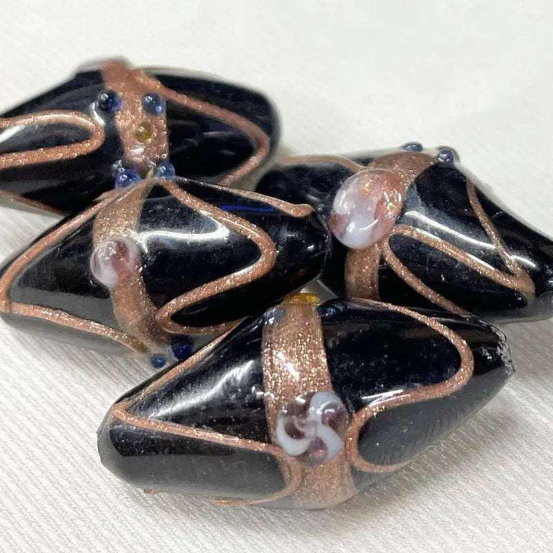 4 Vintage Black Large Abstract Oval Glass Beads - Sea Beads