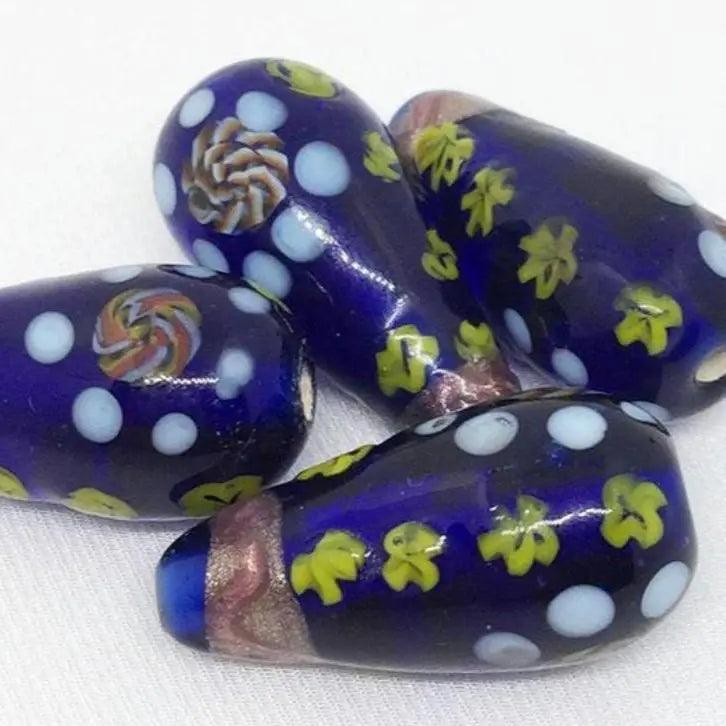 4 Vintage Blue Cobalt Abstract Teardrop Glass Beads - Sea Beads