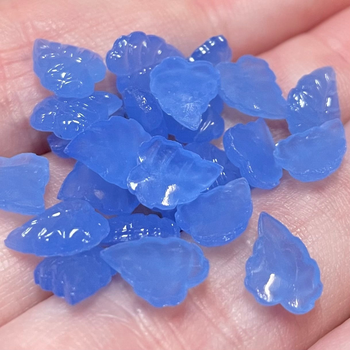 24 Vintage Blue German Moonglow Leaf Glass Stones