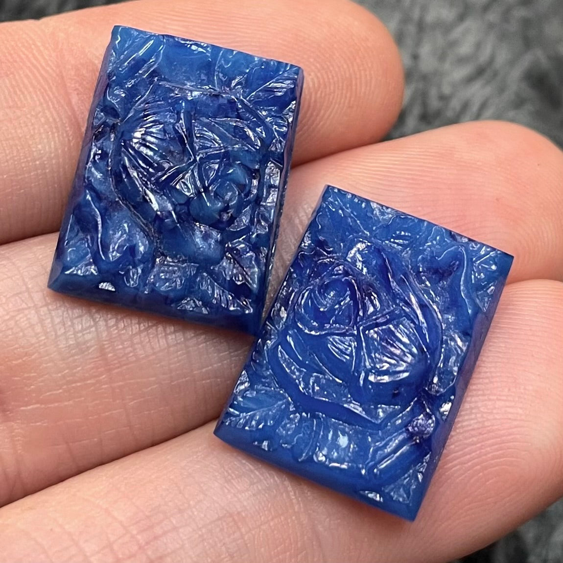 2 Vintage Blue Lapis Japan Floral Rectangle Glass Cabochons