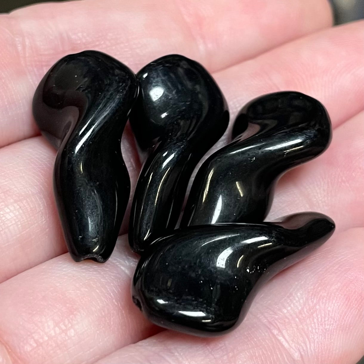 4 Vintage Black Teardrop Twist Glass Beads #8725