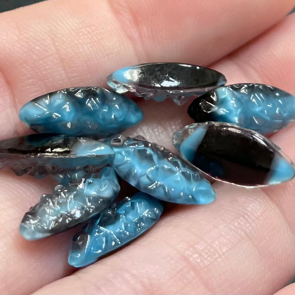 8 Vintage Blue Black German Givre Navette Glass Stones