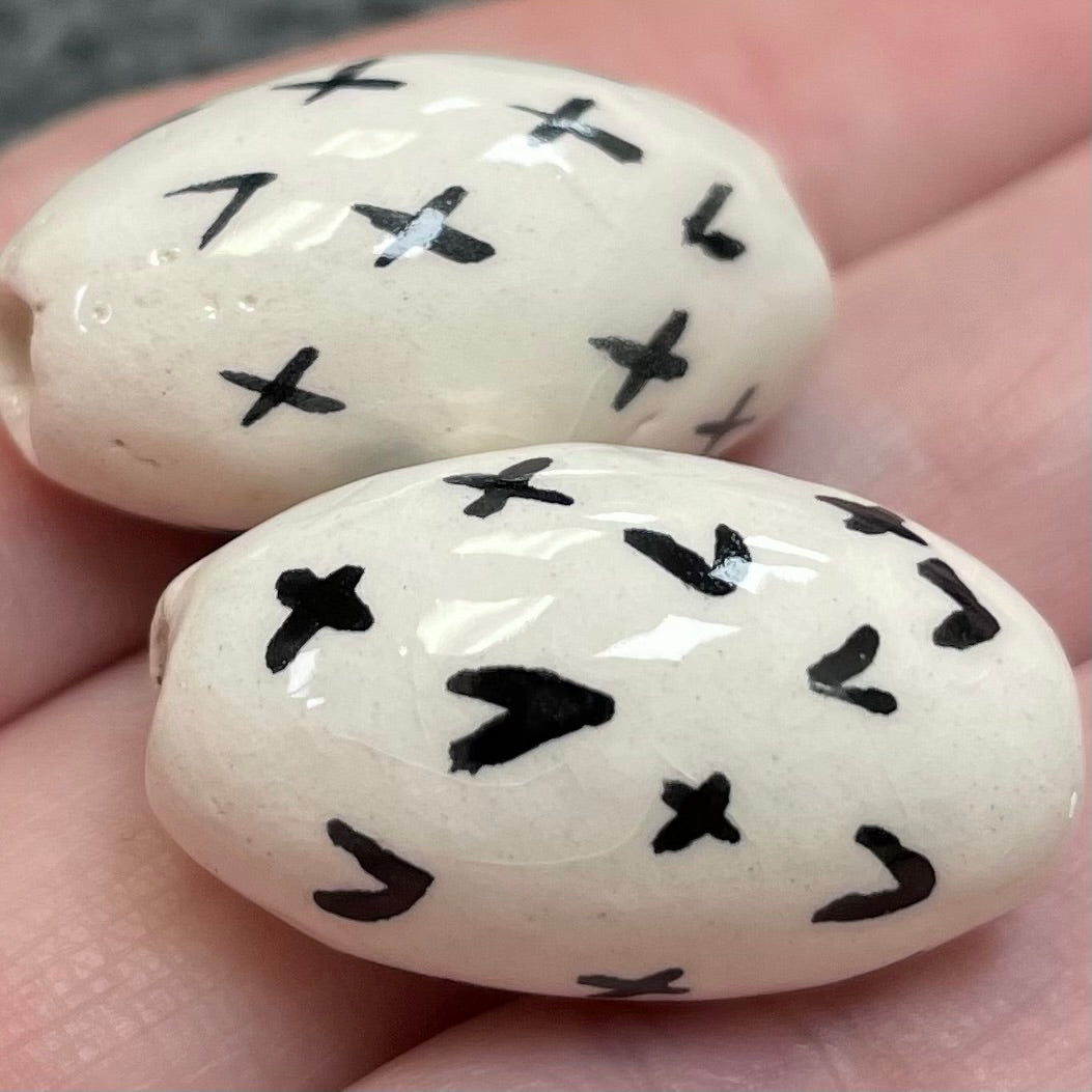 2 Vintage Abstract White Oval Porcelain Beads