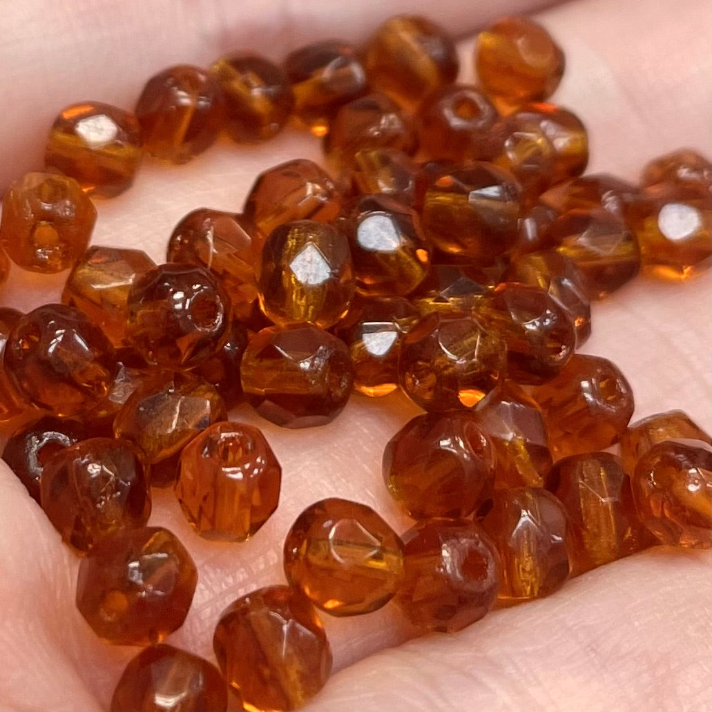 100 Dark Topaz Czech Fire Polished Glass Beads 4mm