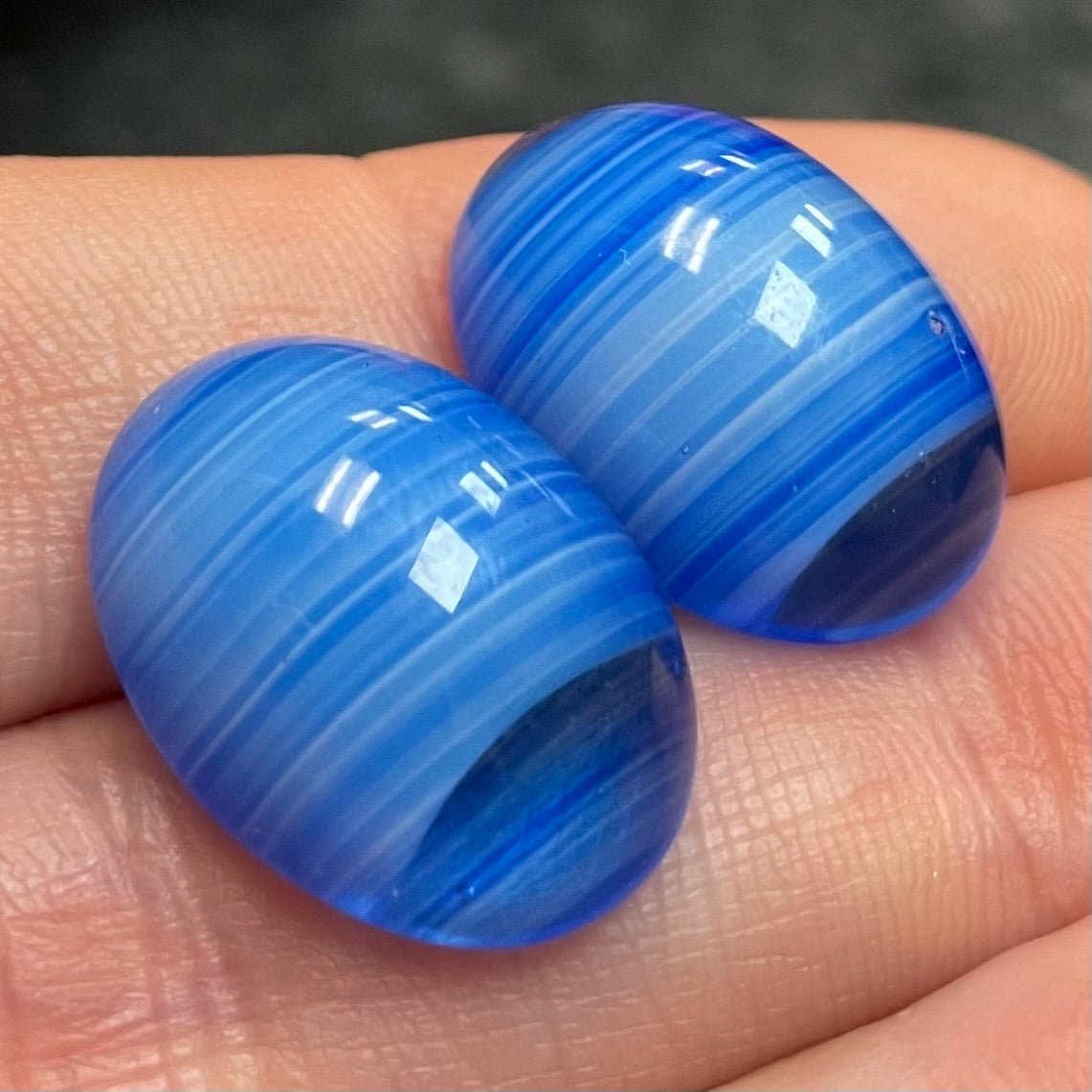2 Vintage Blue Czech Striped Oval Glass Cabochons