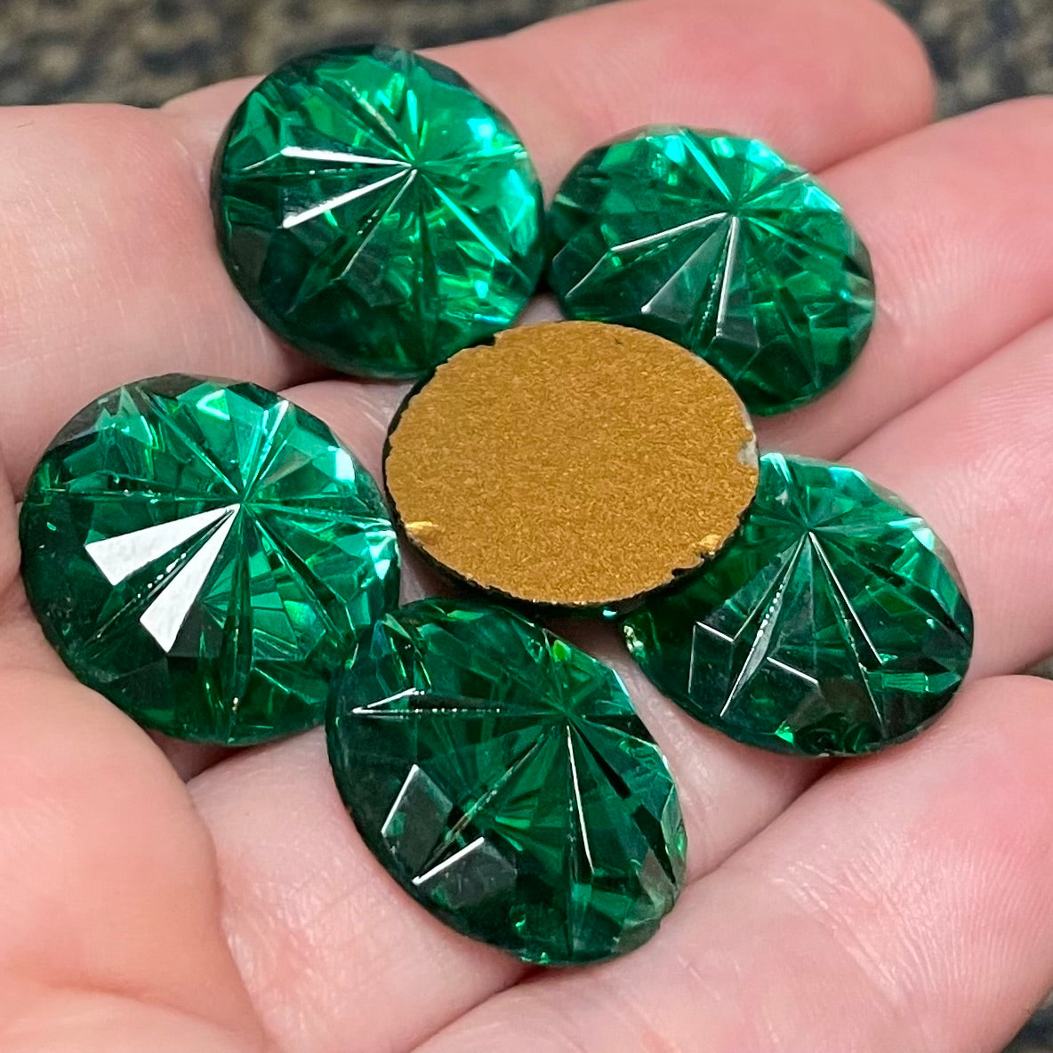 6 Vintage Green Emerald German Round Floral Cabochons 18mm