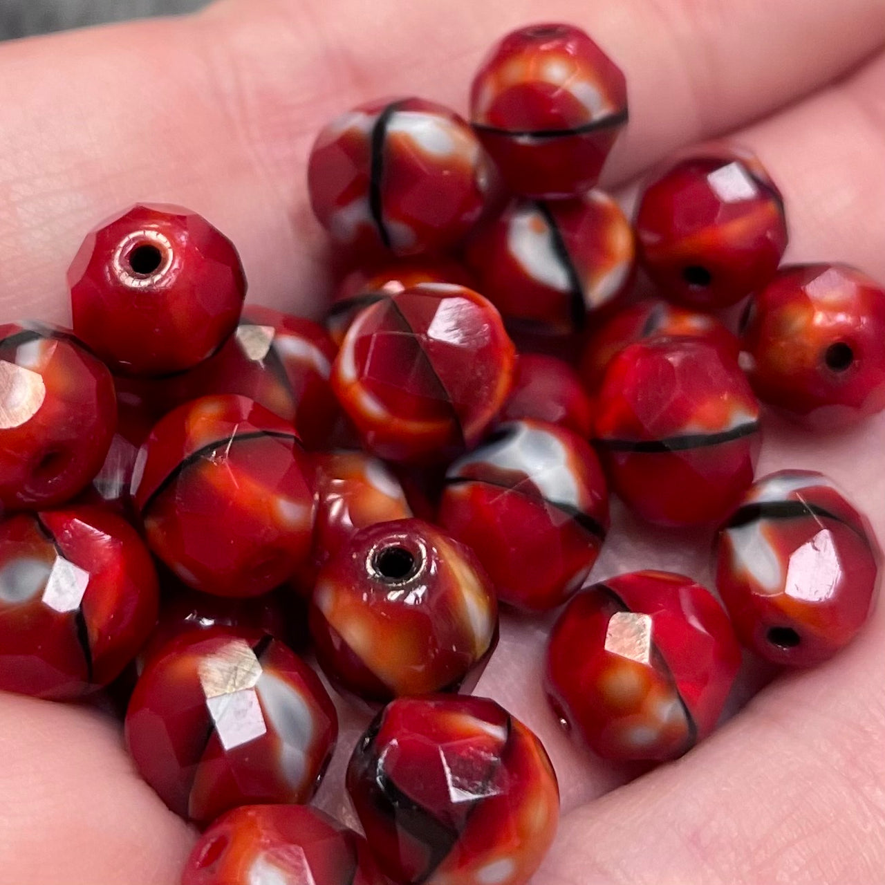 25 Vintage Creamy Red Czech Faceted Glass Beads