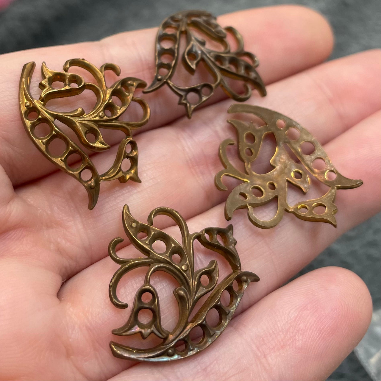 4 Vintage Brass Aged Floral Cast Components