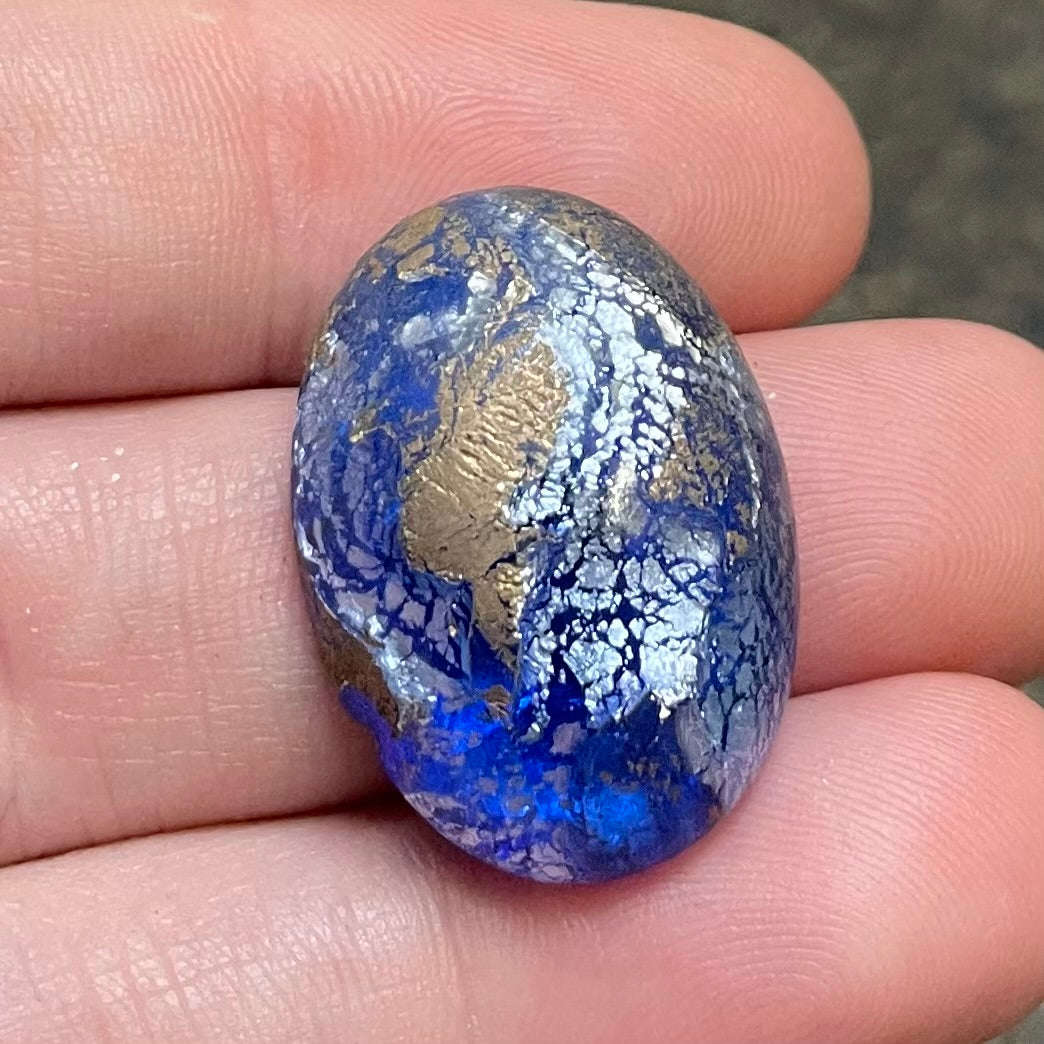 1 Vintage Blue Japan Foil Large Oval Glass Cabochon