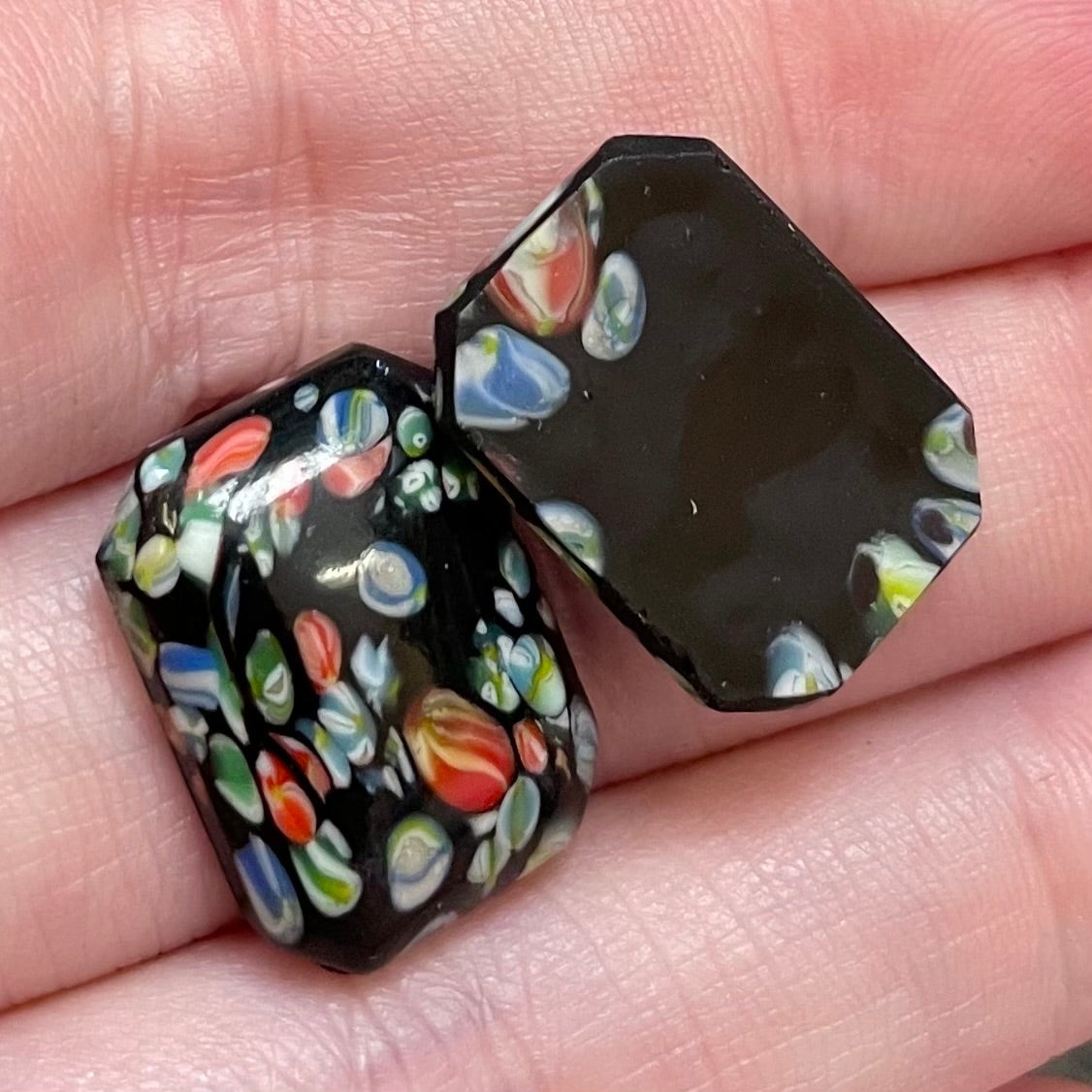 2 Vintage Black Japan Millefiori Octagon Glass Cabochons