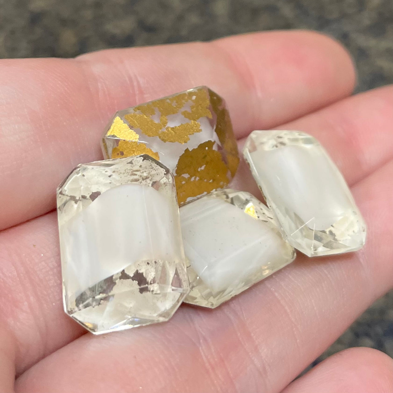 4 Vintage White Clear German Givre Octagon Glass Stones