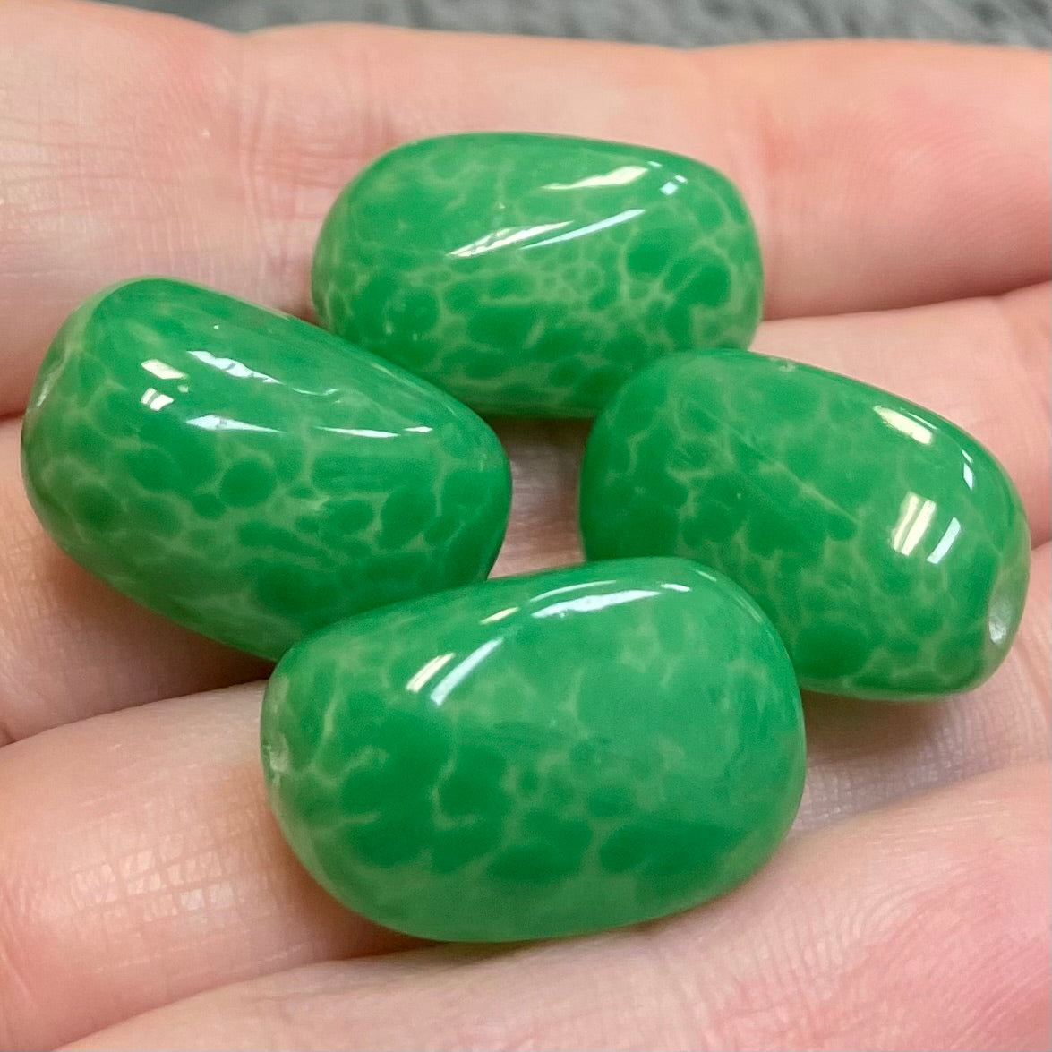 4 Vintage Mottled Green Japan Oval Glass Beads