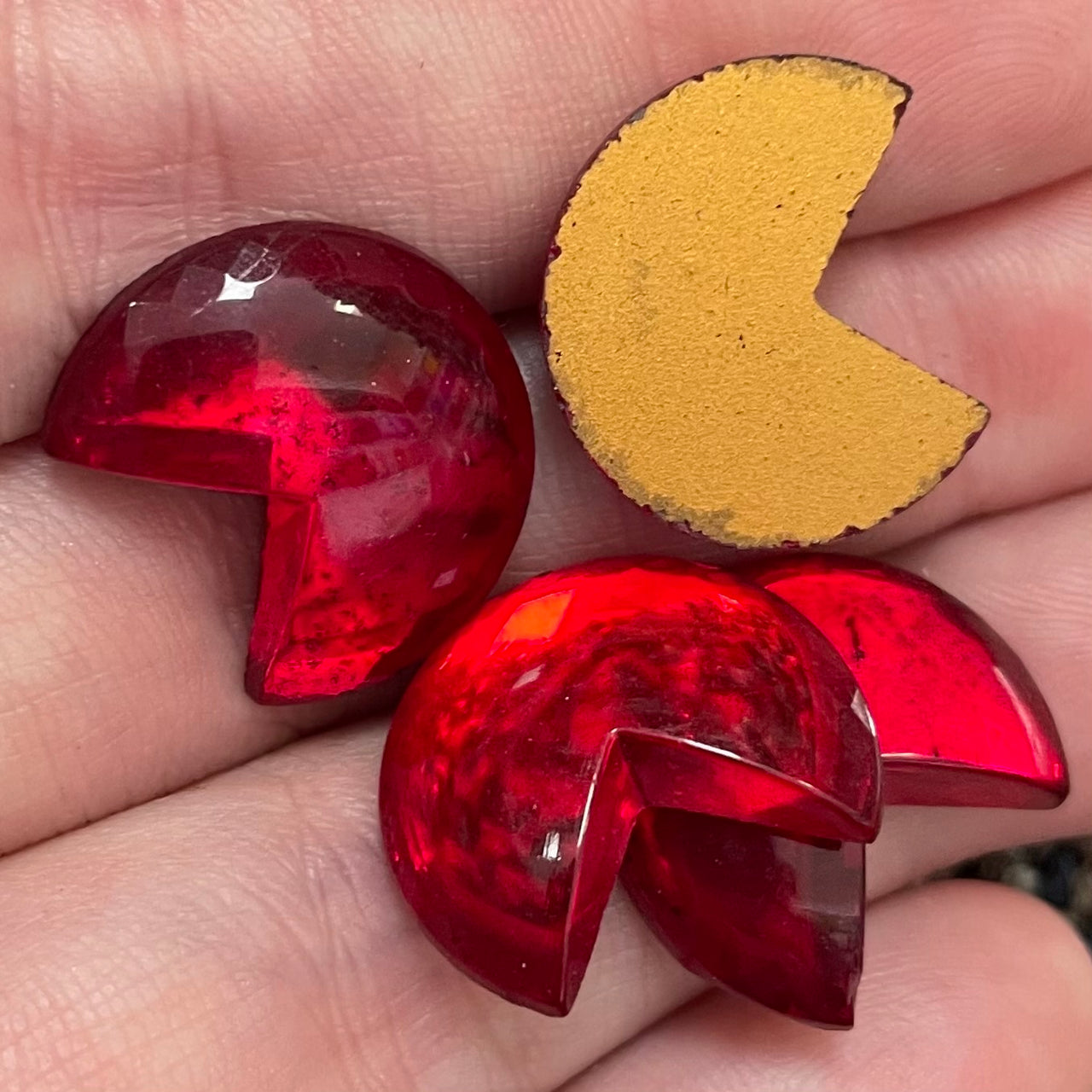 4 Vintage Red Siam Pac Man Glass Cabochons