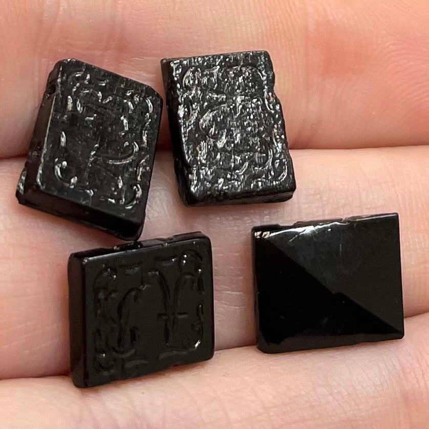 4 Antique Czech Carved Two Hole Rectangle Nailhead Glass Beads