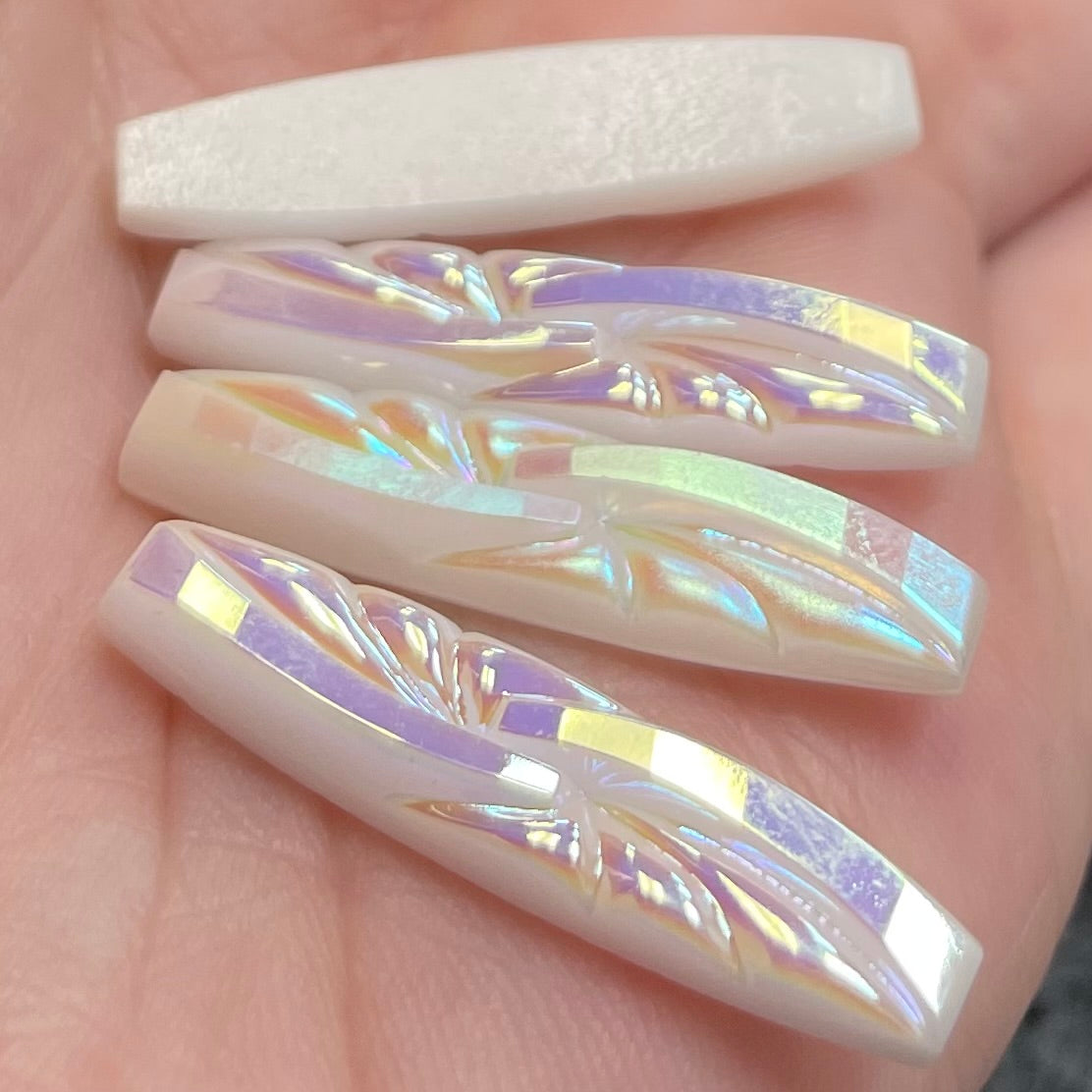 4 Vintage White German Iridescent Glass Cabochons