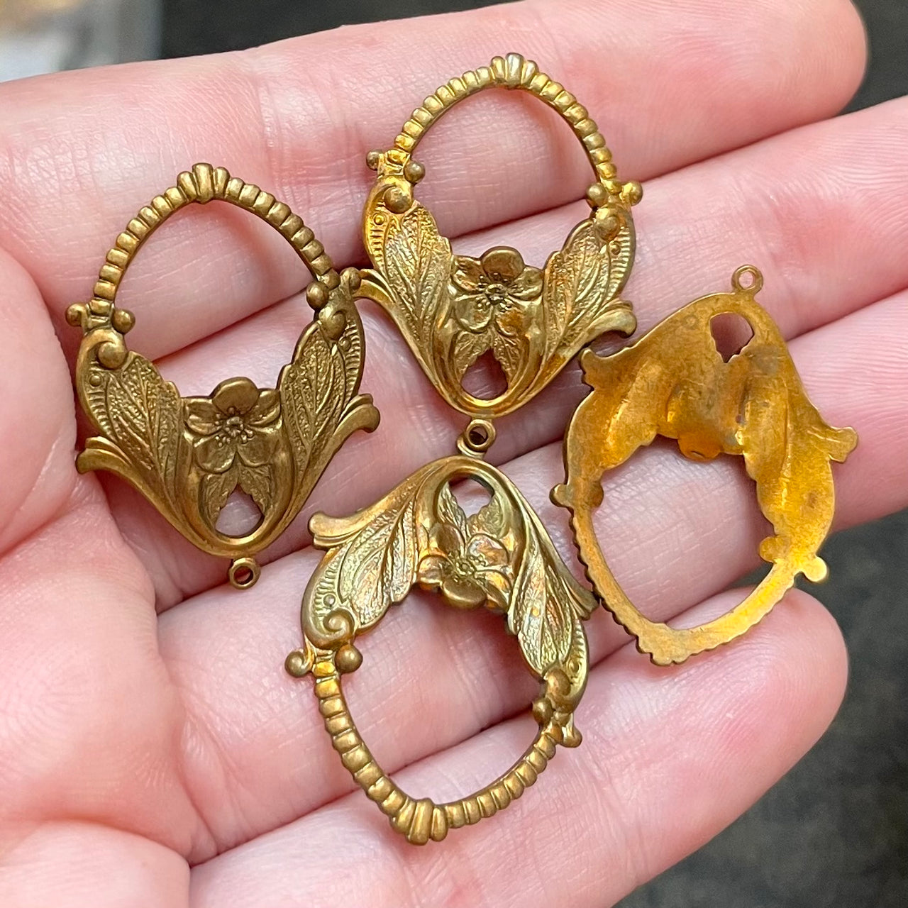 4 Vintage Brass Floral Open Metal Charms