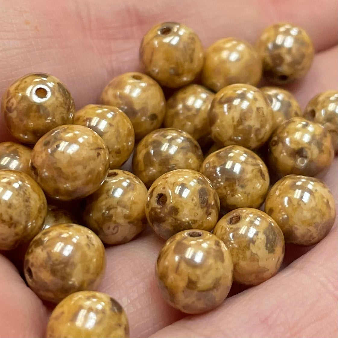 25 Gold Brown Picasso Czech Round Glass Beads