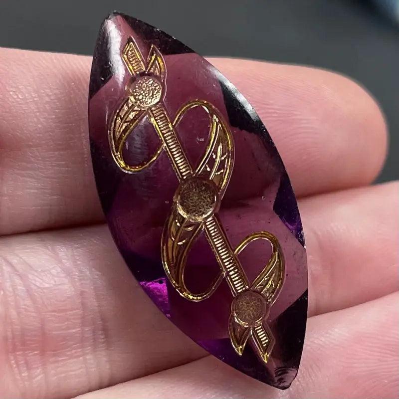 1 Victorian Purple Amethyst Gold Inlay Navette Glass Stone - Sea Beads