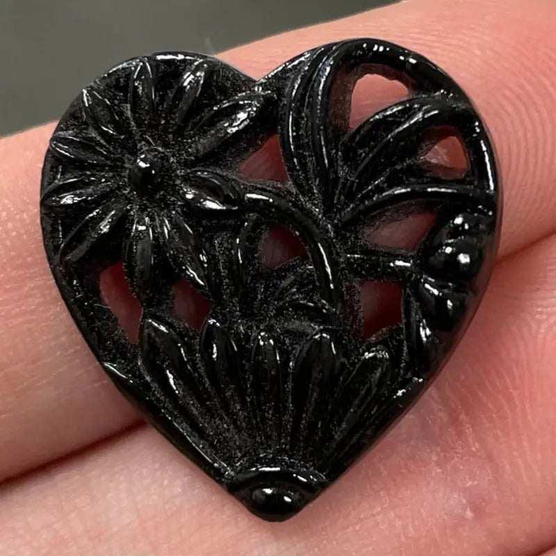 1 Vintage Black German Floral Heart Glass Cabochon - Sea Beads