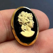 1 Vintage Black Gold Cameo Oval Glass Cabochon - Sea Beads