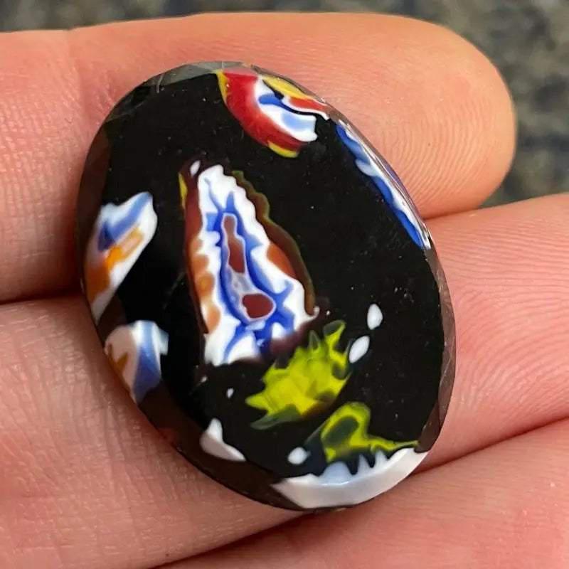 1 Vintage Black Italian Millefiori Oval Glass Cabochon - Sea Beads