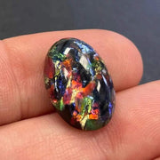 1 Vintage Black Rainbow Fire Foil Japan Oval Glass Cabochon - Sea Beads