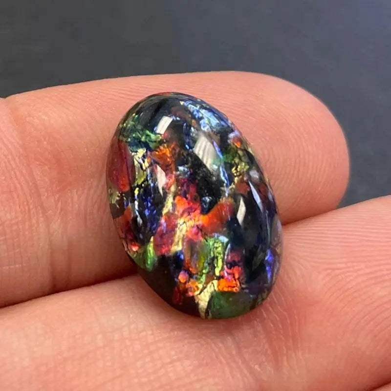 1 Vintage Black Rainbow Fire Foil Japan Oval Glass Cabochon - Sea Beads