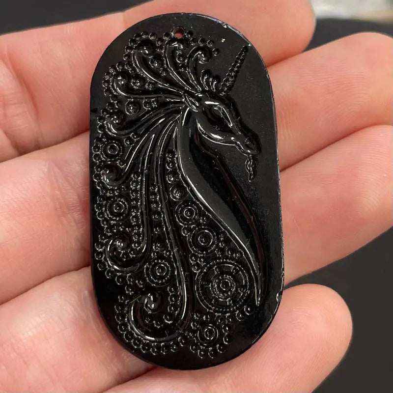 1 Vintage Black Unicorn Oval Glass Stone - Sea Beads