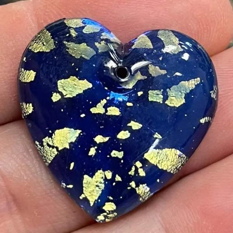 1 Vintage Blue Czech Foil Heart Glass Pendant - Sea Beads