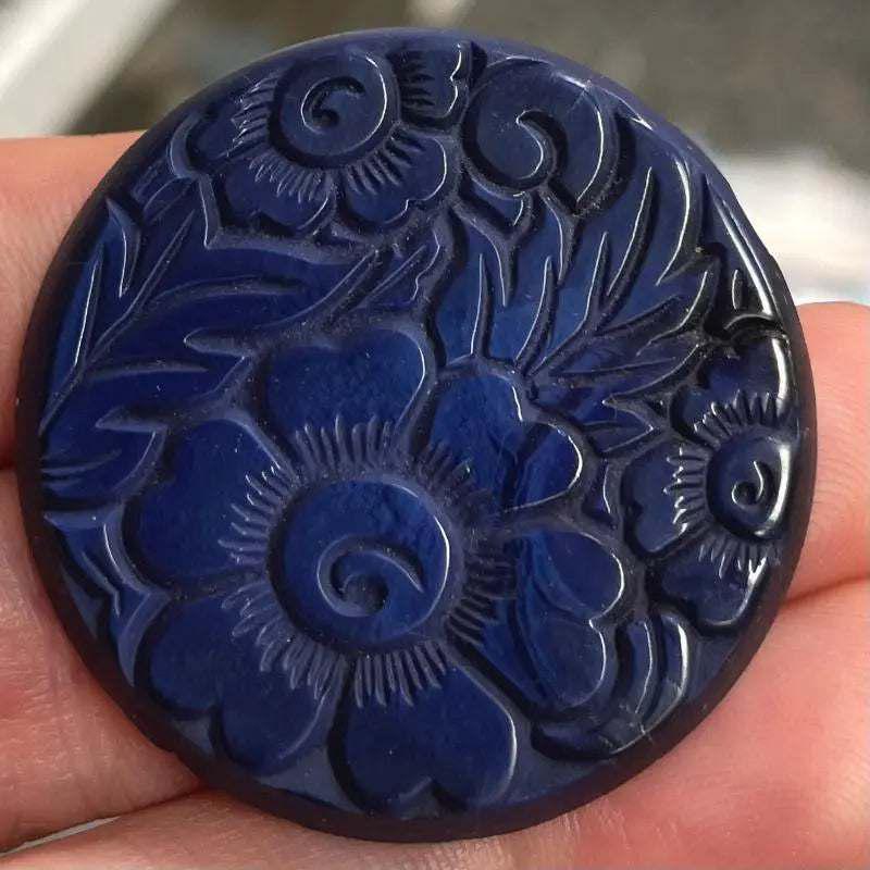 1 Vintage Blue Floral Carved Round Glass Cabochon - Sea Beads