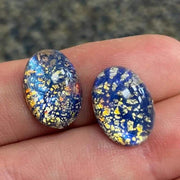 1 Vintage Blue Foil Japan Oval Glass Cabochon - Sea Beads