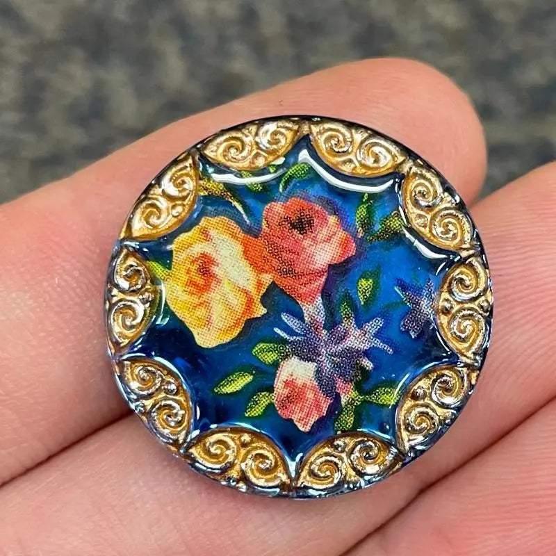1 Vintage Blue German Floral Rose Glass Cabochon - Sea Beads