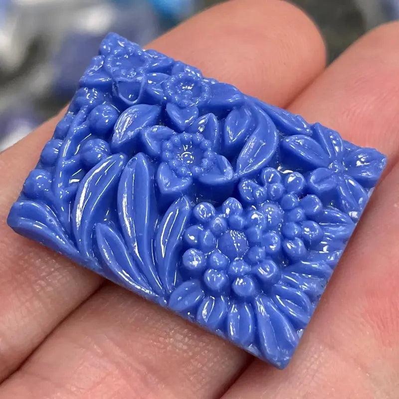 1 Vintage Blue Japan Floral Two Hole Rectangle Glass Bead - Sea Beads