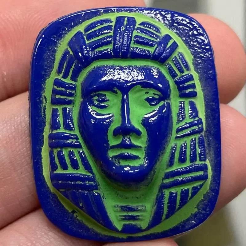1 Vintage Blue Royal Czech Egyptian Pharaoh Glass Cabochon - Sea Beads