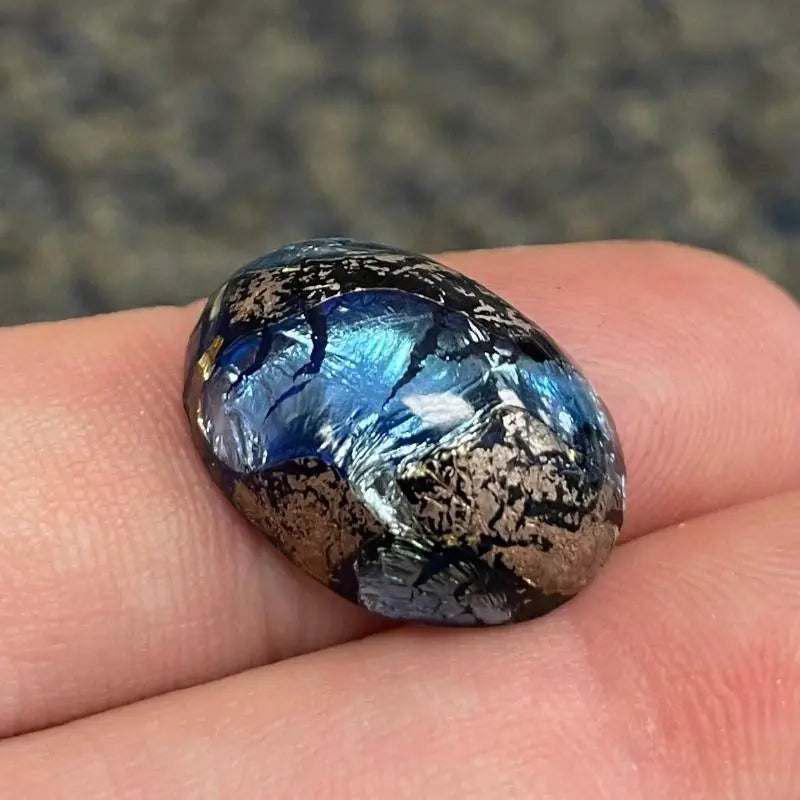 1 Vintage Blue Silver Foil Oval Glass Cabochon - Sea Beads