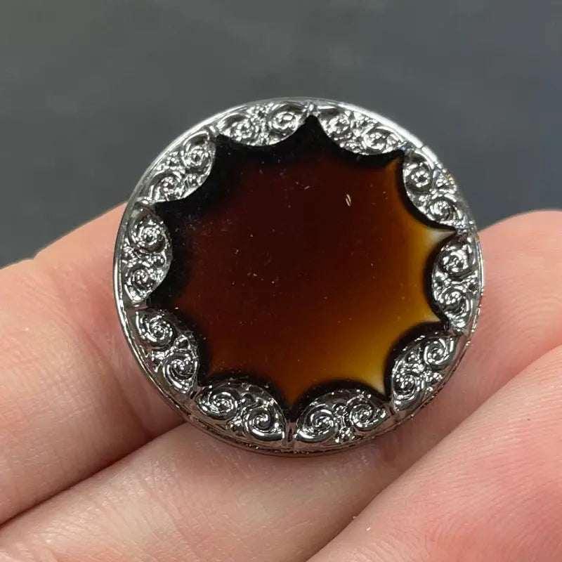 1 Vintage Brown German Marcasite Round Glass Cabochon - Sea Beads