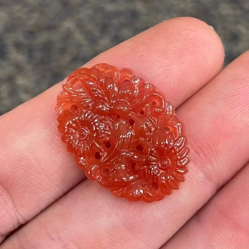 1 Vintage Carnelian Orange Japan Floral Glass Cabochon - Sea Beads