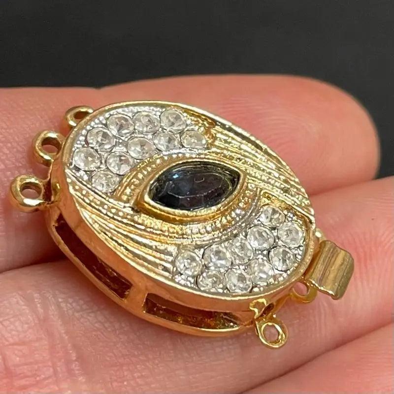 1 Vintage Gold Plated Sapphire Rhinestone 3 Strand Oval Clasp - Sea Beads