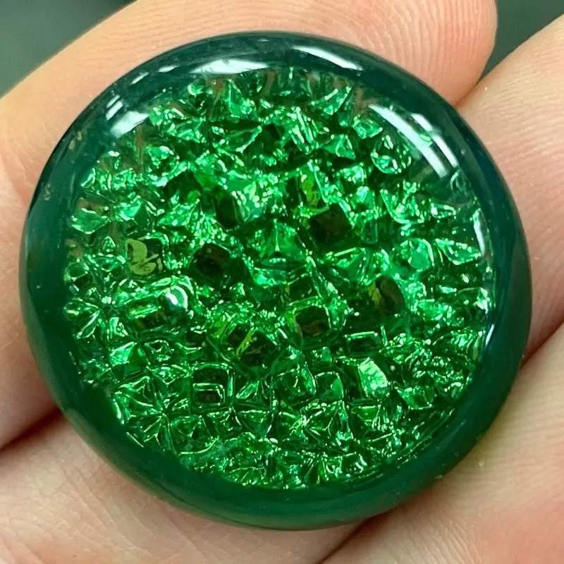 1 Vintage Green Foil Round Glass Cabochon - Sea Beads